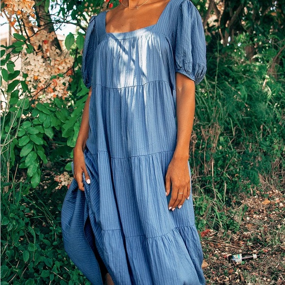 Lulus Happy Tiers Denim Blue Stripped Midi - Picture 3 of 12